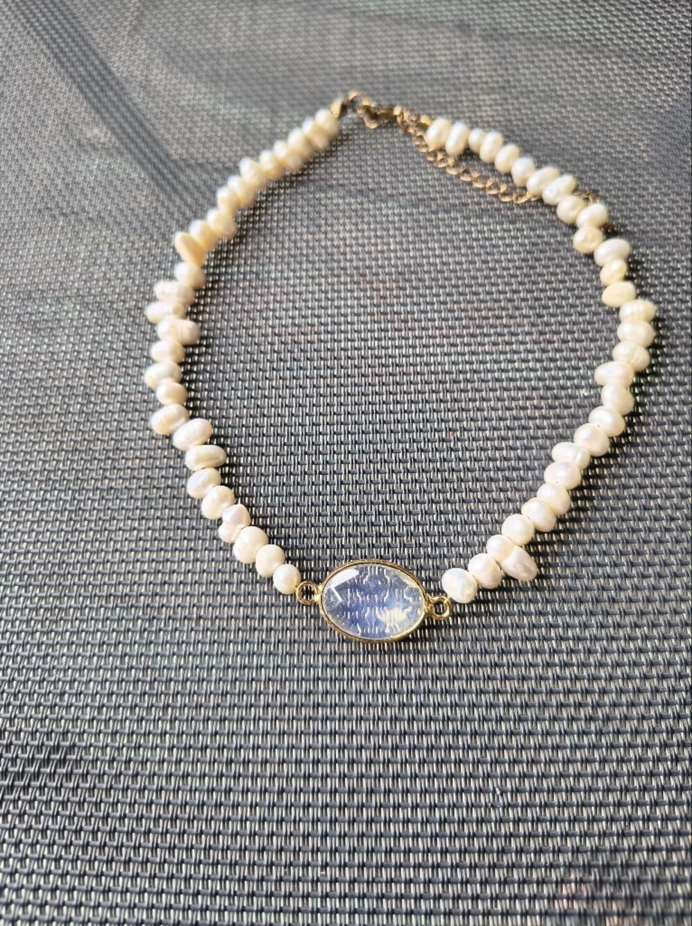 Freshwater Pearl Necklace with Gold Blue Resin Charm